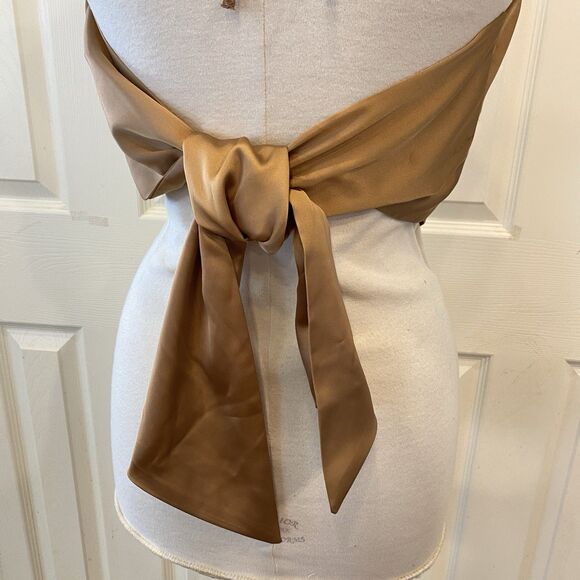 Vtg ASOS Gold Bronze Colorblock Top Silky Satin Halter Backless Wrap Crop Sz 12 - Picture 3 of 7